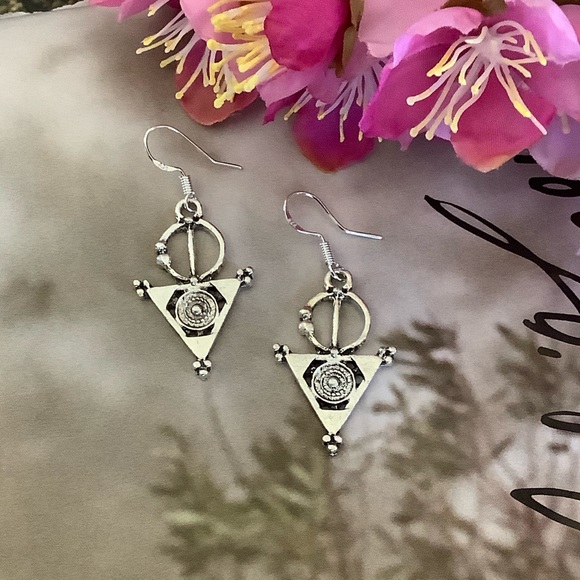 🌸 CELTIC EARRINGS TRIBAL AZTEC DANGLE 925 BOHO CHIC TRIANGLE SILVER BOHEMIAN - Picture 7 of 13